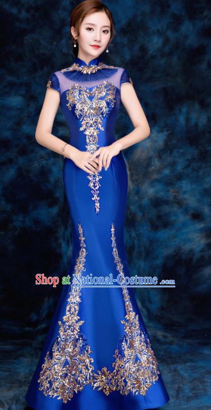 Chinese Traditional Embroidered Sequins Royalblue Qipao Dress Compere Cheongsam Costume for Women