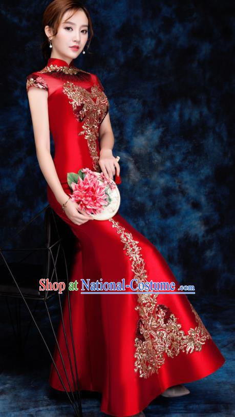 Chinese Traditional Embroidered Sequins Red Qipao Dress Compere Cheongsam Costume for Women