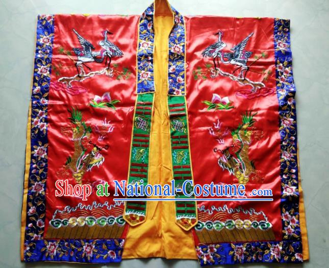 Chinese National Quanzhen Red Taoist Frock Embroidered Cranes Cassock Traditional Taoism Rites Costume for Men