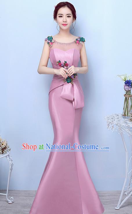 Top Compere Catwalks Pink Satin Full Dress Evening Party Compere Costume for Women