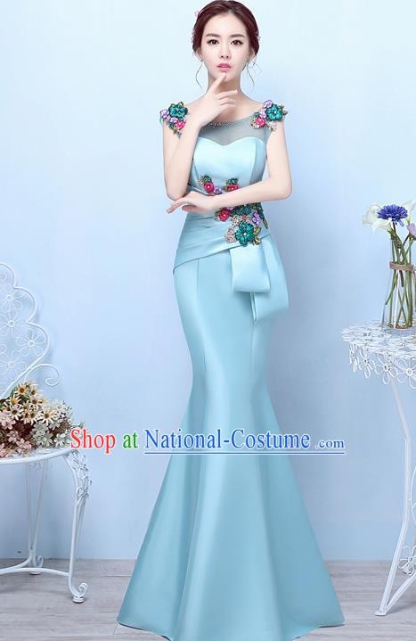 Top Compere Catwalks Light Blue Satin Full Dress Evening Party Compere Costume for Women