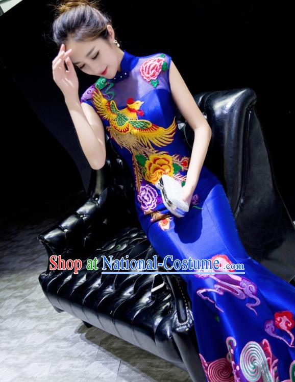 Chinese Traditional Embroidered Phoenix Peony Royalblue Qipao Dress Compere Cheongsam Costume for Women