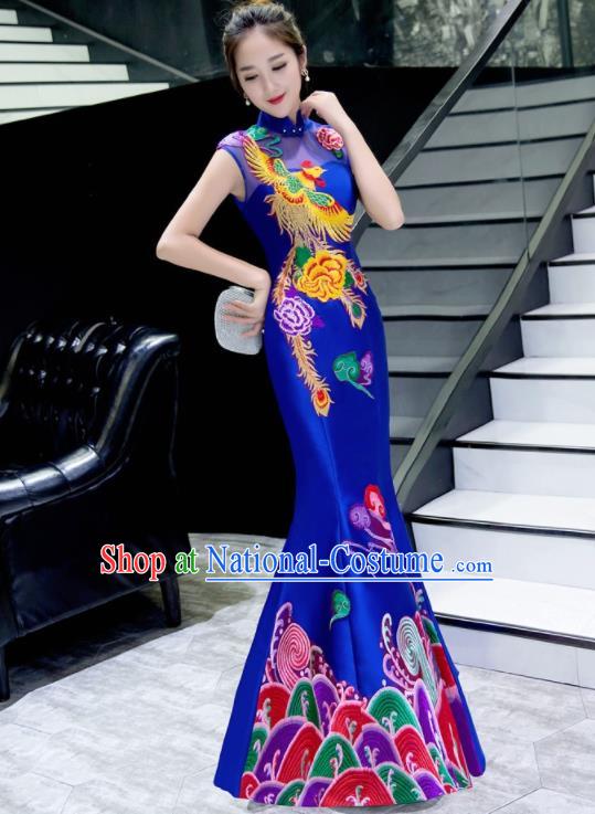 Chinese Traditional Embroidered Phoenix Peony Royalblue Qipao Dress Compere Cheongsam Costume for Women