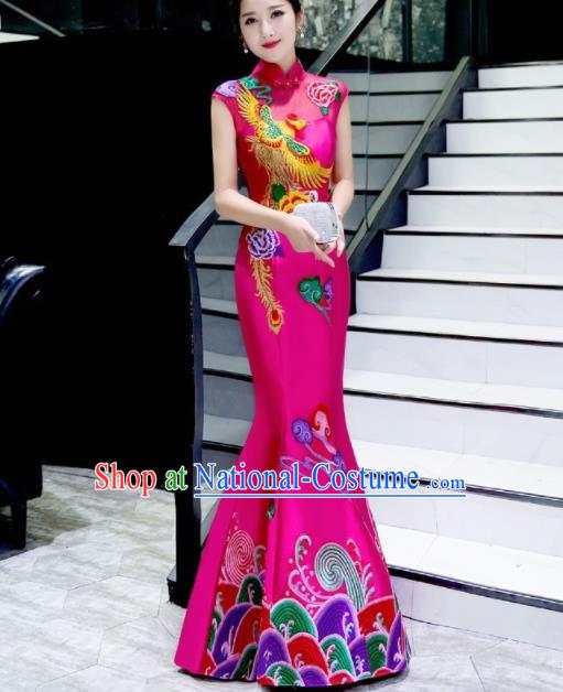 Chinese Traditional Embroidered Phoenix Peony Rosy Qipao Dress Compere Cheongsam Costume for Women