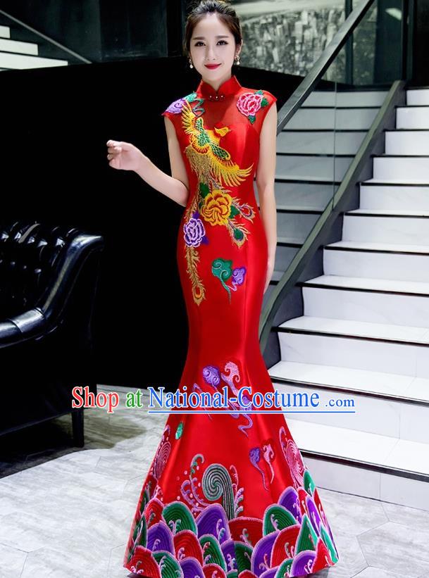 Chinese Traditional Embroidered Phoenix Peony Red Qipao Dress Compere Cheongsam Costume for Women