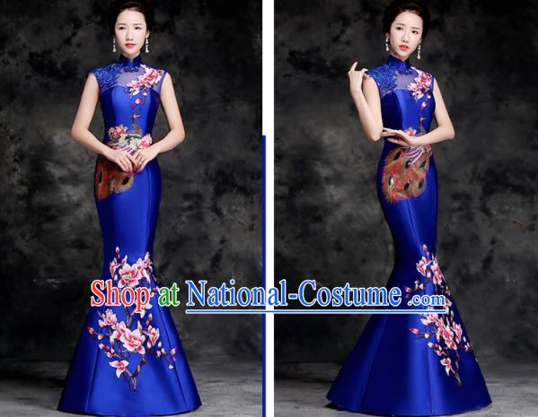 Chinese Traditional Embroidered Peacock Mangnolia Royalblue Qipao Dress Compere Cheongsam Costume for Women