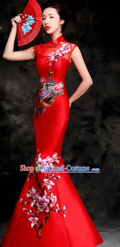 Chinese Traditional Embroidered Peacock Mangnolia Red Qipao Dress Compere Cheongsam Costume for Women