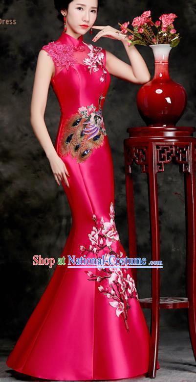 Chinese Traditional Embroidered Peacock Mangnolia Rosy Qipao Dress Compere Cheongsam Costume for Women