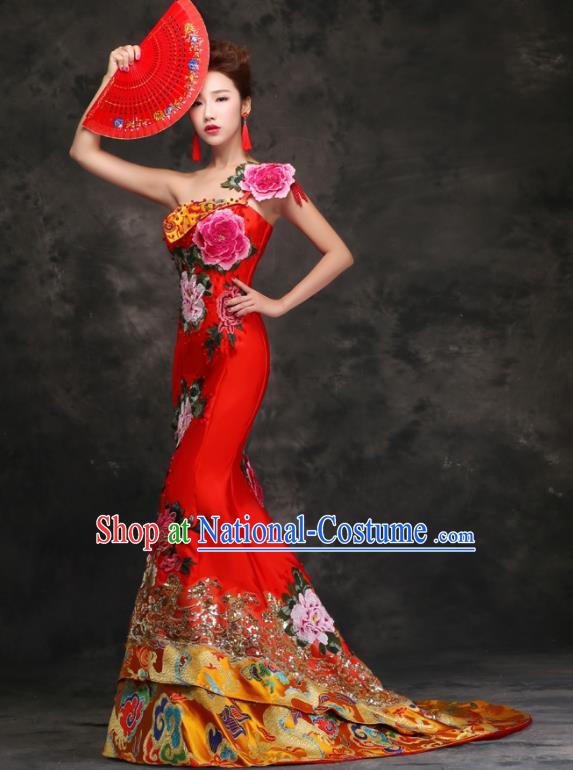 Chinese Traditional Embroidered Peony Red Trailing Qipao Dress Compere Cheongsam Costume for Women