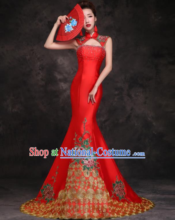 Chinese Traditional Embroidered Peony Diamante Red Qipao Dress Compere Cheongsam Costume for Women