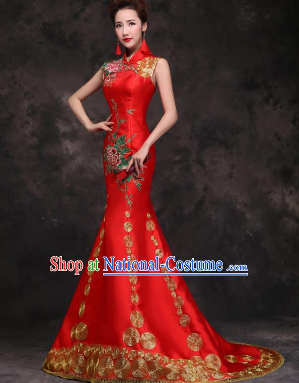 Chinese Traditional Wedding Embroidered Peony Red Qipao Dress Compere Cheongsam Costume for Women