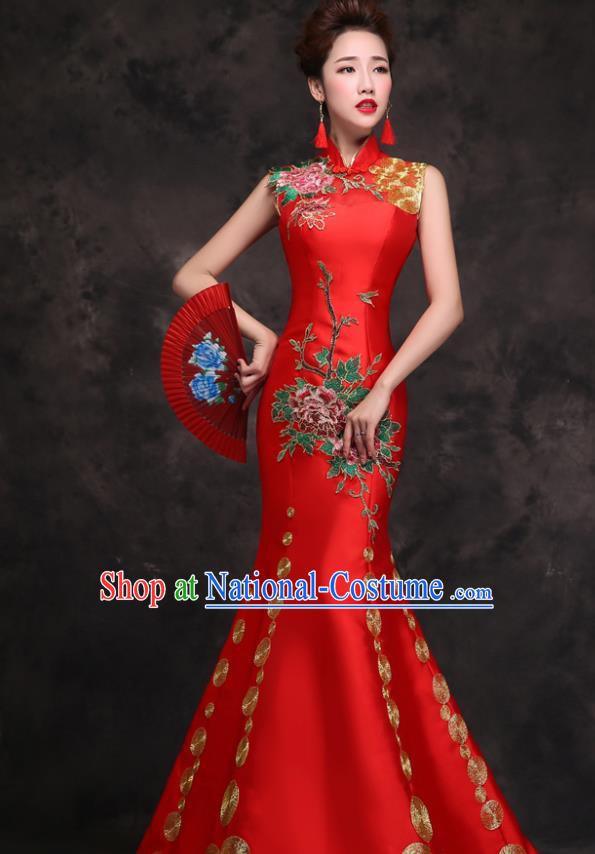 Chinese Traditional Wedding Embroidered Peony Red Qipao Dress Compere Cheongsam Costume for Women