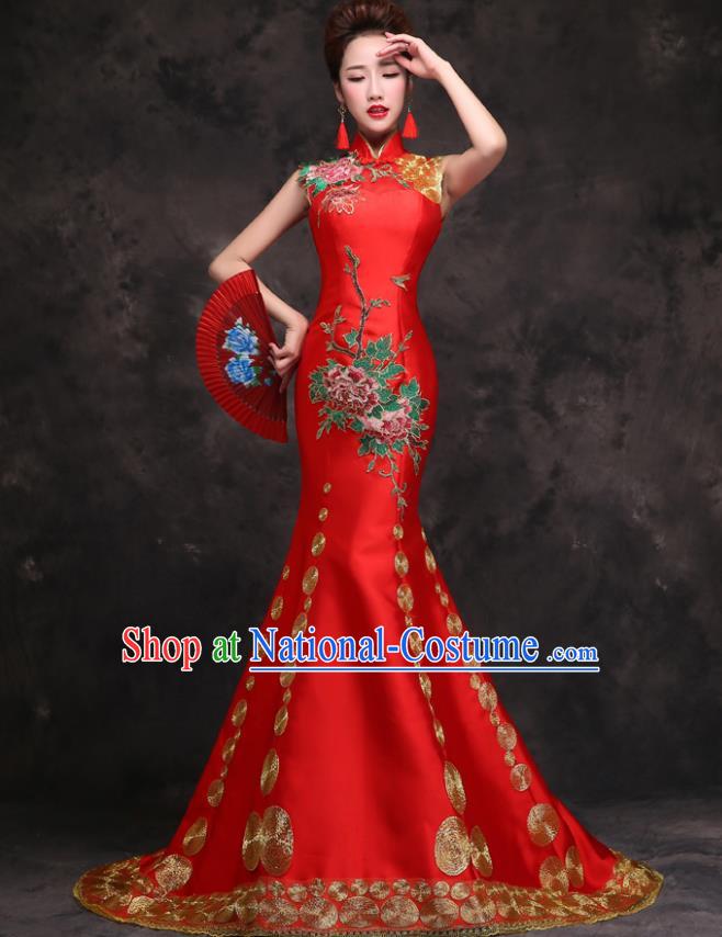 Chinese Traditional Wedding Embroidered Peony Red Qipao Dress Compere Cheongsam Costume for Women