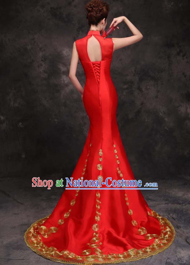 Chinese Traditional Wedding Embroidered Peony Red Qipao Dress Compere Cheongsam Costume for Women