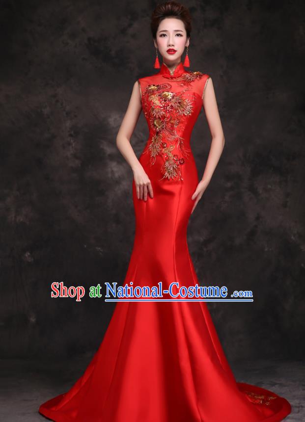 Chinese Traditional Wedding Embroidered Phoenix Red Qipao Dress Compere Cheongsam Costume for Women