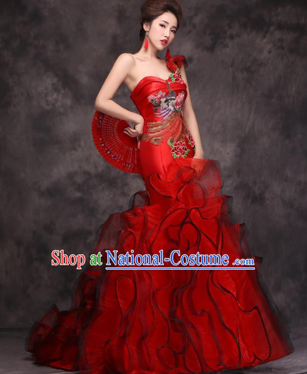 Chinese Traditional Wedding Embroidered Peacock Peony Red Qipao Dress Compere Cheongsam Costume for Women