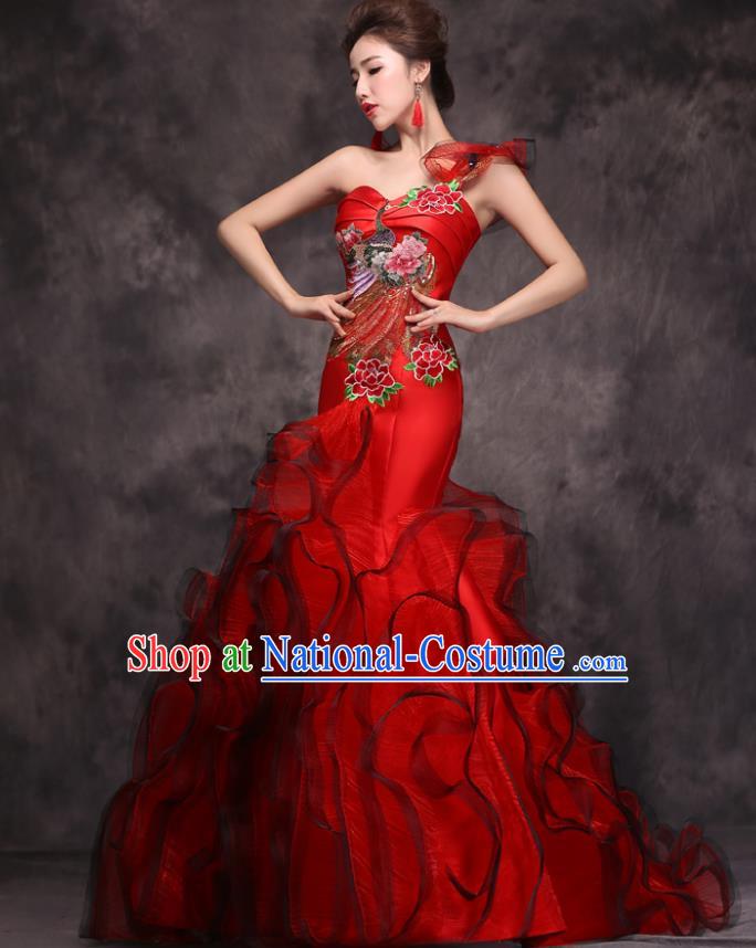 Chinese Traditional Wedding Embroidered Peacock Peony Red Qipao Dress Compere Cheongsam Costume for Women