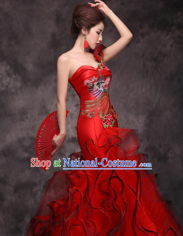 Chinese Traditional Wedding Embroidered Peacock Peony Red Qipao Dress Compere Cheongsam Costume for Women