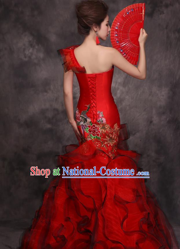 Chinese Traditional Wedding Embroidered Peacock Peony Red Qipao Dress Compere Cheongsam Costume for Women