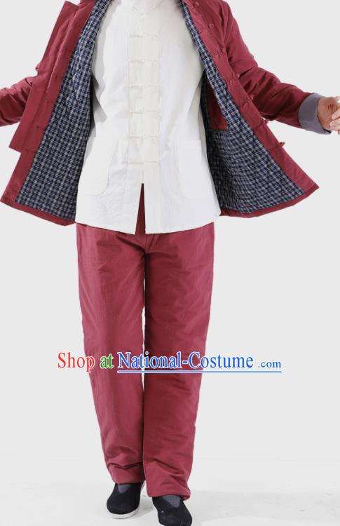 Chinese National Purplish Red Cotton Wadded Jacket and Pants Traditional Tang Suit Martial Arts Costumes Complete Set for Men