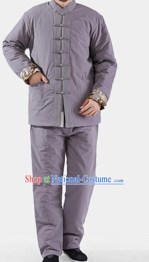 Chinese National Grey Cotton Wadded Jacket and Pants Traditional Tang Suit Martial Arts Costumes Complete Set for Men