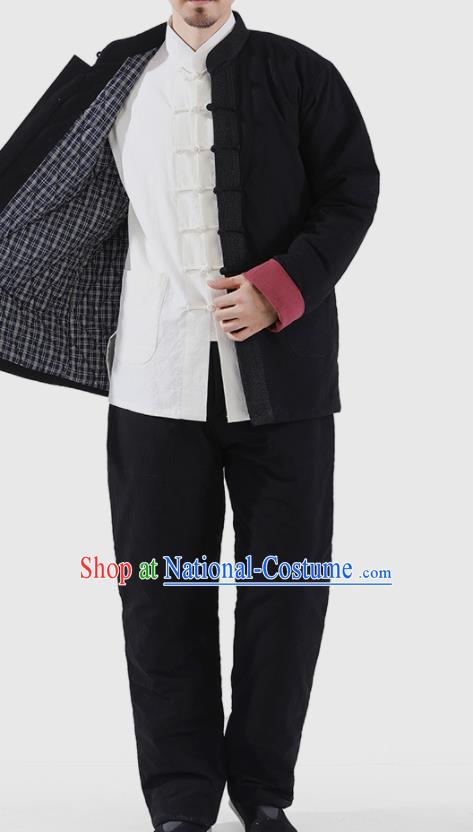 Chinese National Black Cotton Wadded Jacket and Pants Traditional Tang Suit Martial Arts Costumes Complete Set for Men