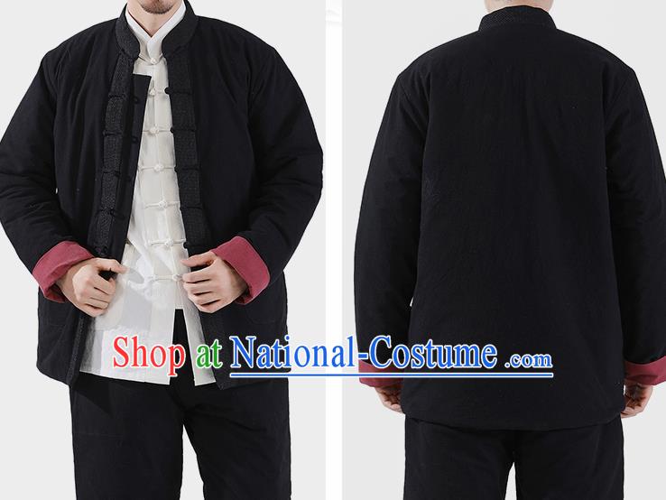 Chinese National Black Cotton Wadded Jacket and Pants Traditional Tang Suit Martial Arts Costumes Complete Set for Men