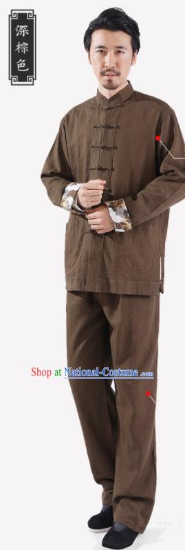 Chinese National Brown Flax Jacket and Pants Traditional Tang Suit Martial Arts Costumes Complete Set for Men