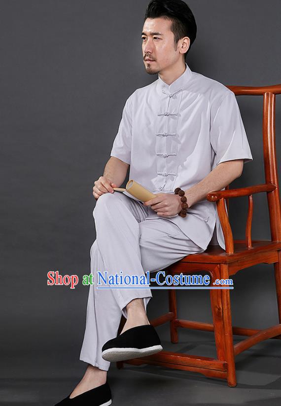 Chinese National Light Grey Shirt and Pants Traditional Tang Suit Martial Arts Costumes Complete Set for Men