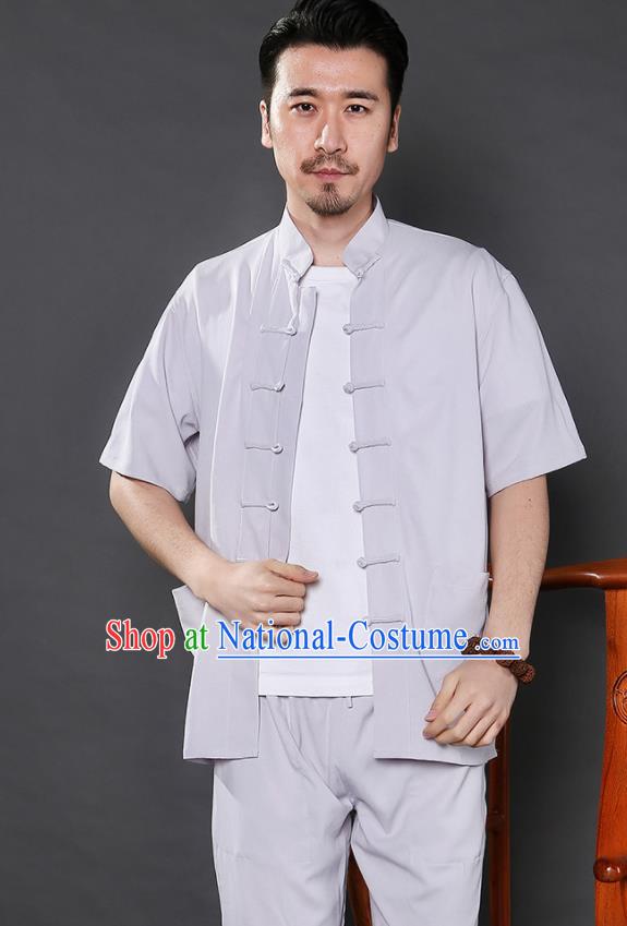 Chinese National Light Grey Shirt and Pants Traditional Tang Suit Martial Arts Costumes Complete Set for Men