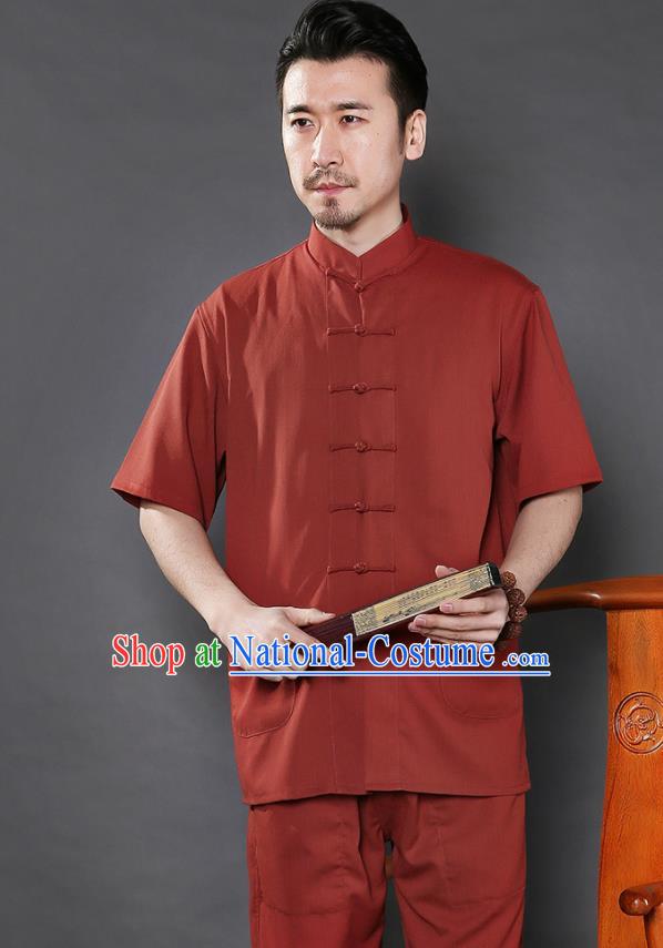 Chinese National Purplish Red Shirt and Pants Traditional Tang Suit Martial Arts Costumes Complete Set for Men