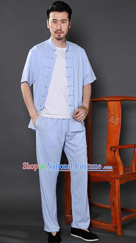 Chinese National Light Blue Shirt and Pants Traditional Tang Suit Martial Arts Costumes Complete Set for Men