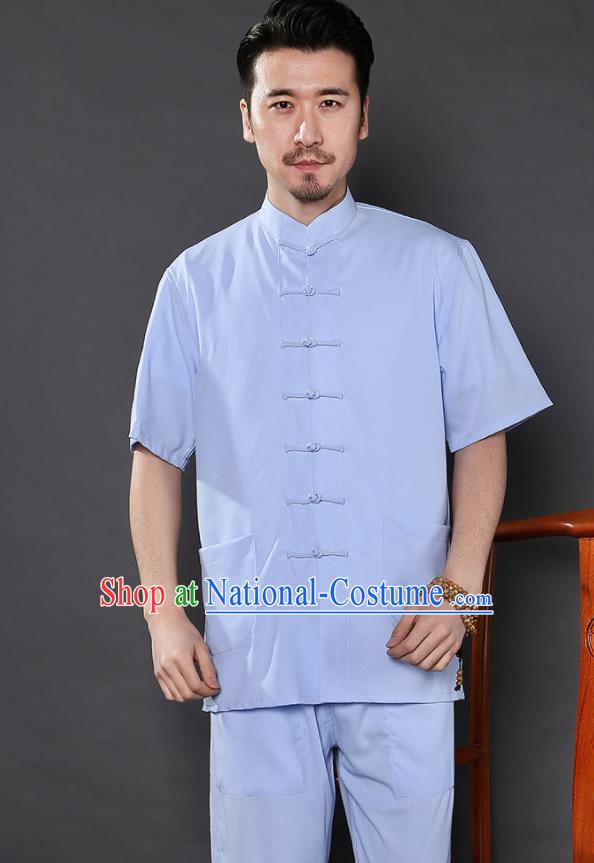 Chinese National Light Blue Shirt and Pants Traditional Tang Suit Martial Arts Costumes Complete Set for Men