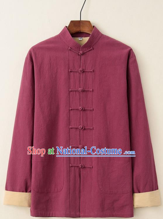 Chinese National Tang Suit Wine Red Upper Outer Garment Jacket Traditional Martial Arts Costumes for Men