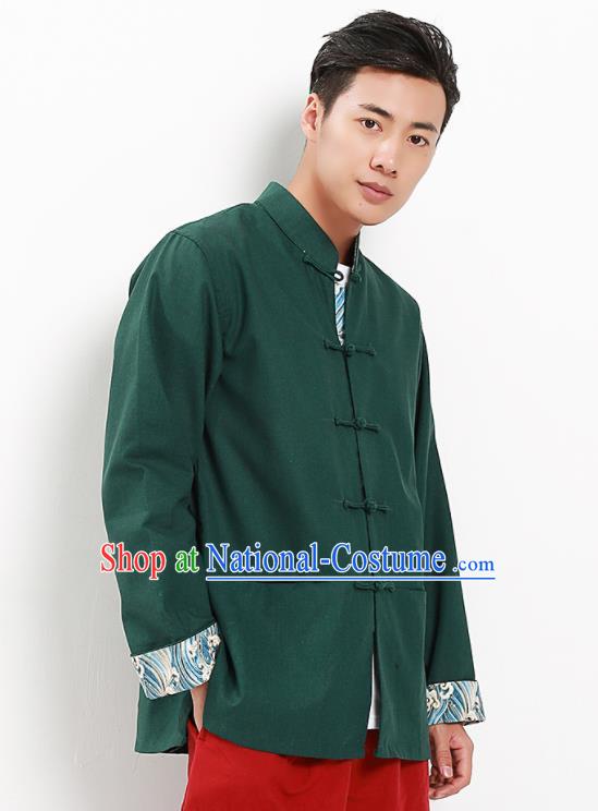 Chinese National Tang Suit Deep Green Flax Shirt Traditional Martial Arts Upper Outer Garment Costumes for Men