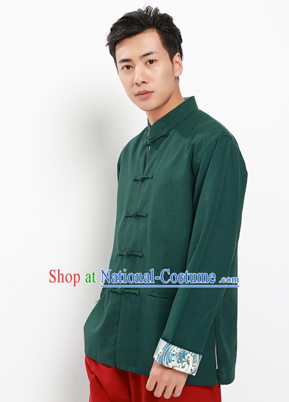 Chinese National Tang Suit Deep Green Flax Shirt Traditional Martial Arts Upper Outer Garment Costumes for Men