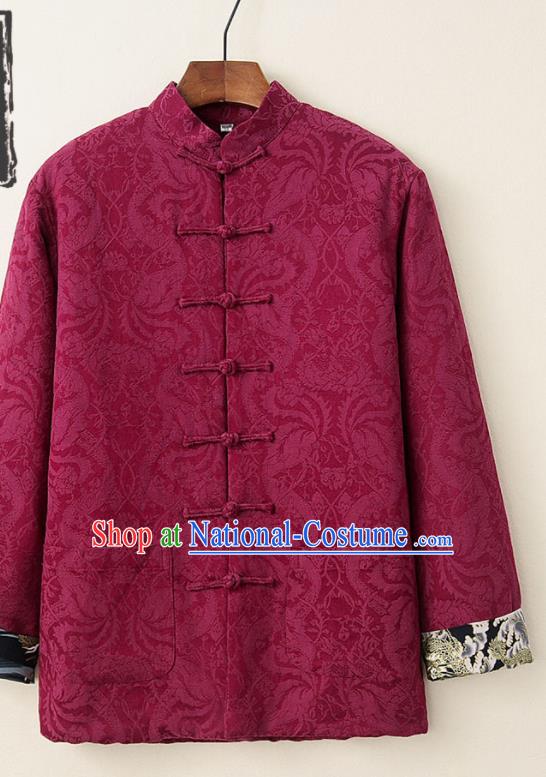 Chinese National Tang Suit Wine Red Thicken Jacket Traditional Martial Arts Costumes for Men