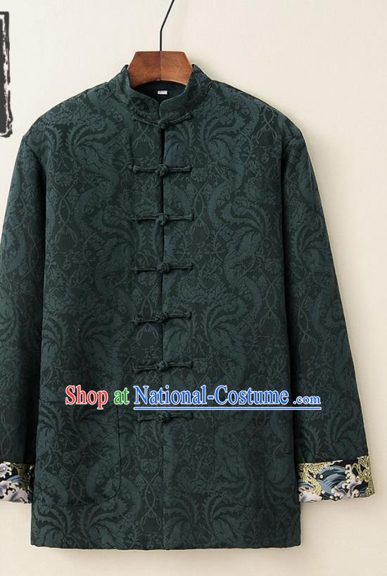 Chinese National Tang Suit Deep Green Thicken Jacket Traditional Martial Arts Costumes for Men