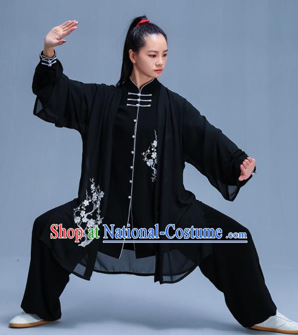 Chinese Traditional Kung Fu Embroidered Plum Blossom Black Garment Outfits Martial Arts Stage Show Costumes for Women