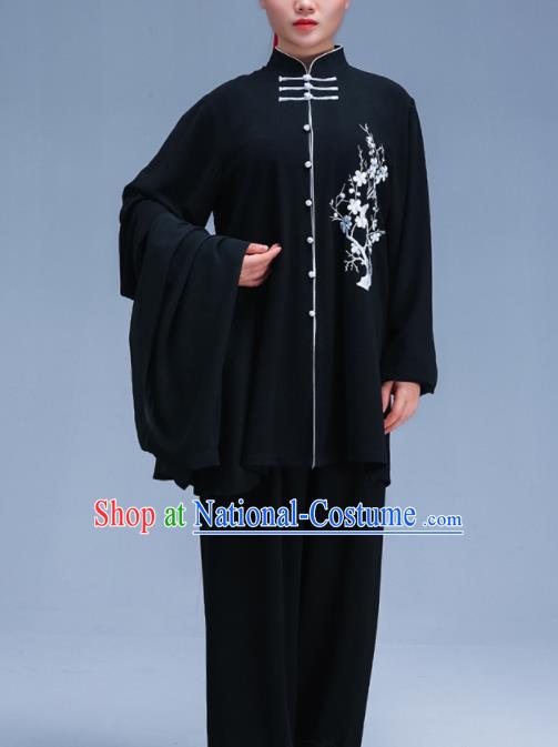 Chinese Traditional Kung Fu Embroidered Plum Blossom Black Garment Outfits Martial Arts Stage Show Costumes for Women