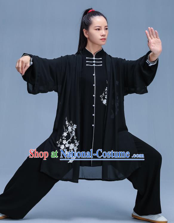 Chinese Traditional Kung Fu Embroidered Plum Blossom Black Garment Outfits Martial Arts Stage Show Costumes for Women