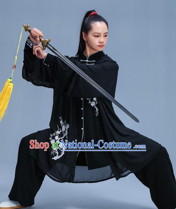 Chinese Traditional Kung Fu Embroidered Plum Blossom Black Garment Outfits Martial Arts Stage Show Costumes for Women