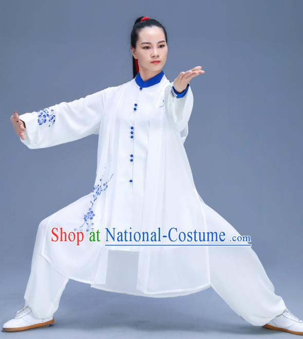 Chinese Traditional Kung Fu Training Printing Plum Blossom White Garment Outfits Martial Arts Stage Show Costumes for Women