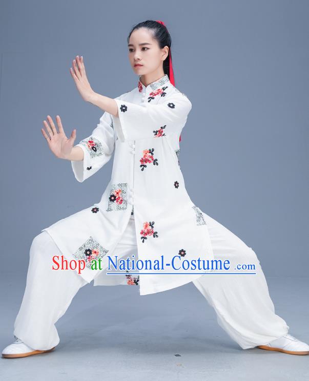 Chinese Traditional Kung Fu Tai Chi Training Printing White Garment Outfits Martial Arts Stage Show Costumes for Women