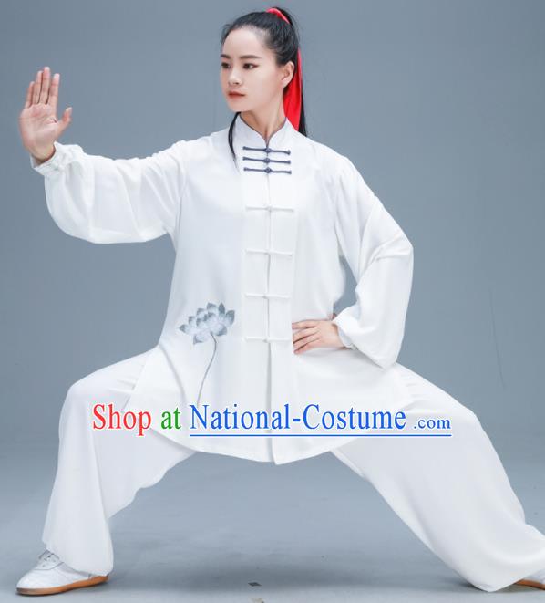 Chinese Traditional Kung Fu Tai Chi Training Embroidered Grey Lotus Garment Outfits Martial Arts Stage Show Costumes for Women