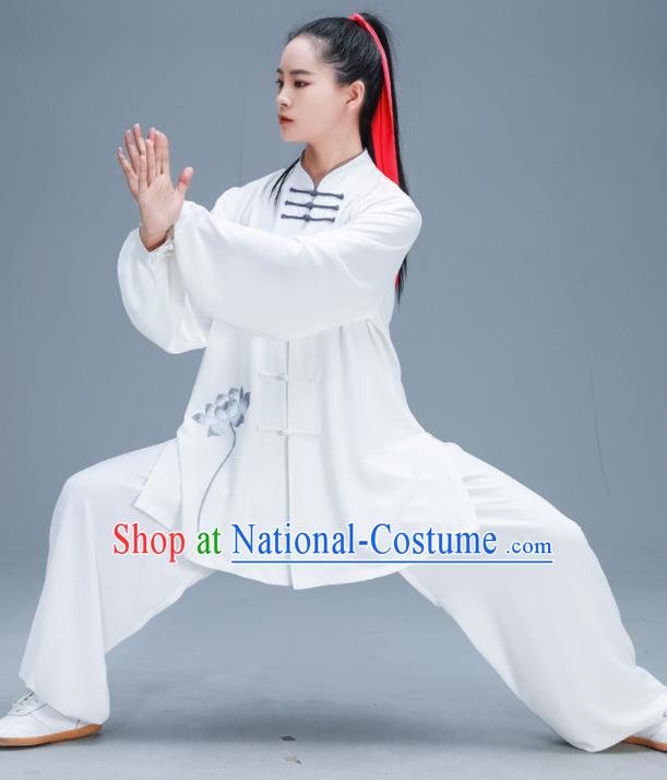 Chinese Traditional Kung Fu Tai Chi Training Embroidered Grey Lotus Garment Outfits Martial Arts Stage Show Costumes for Women