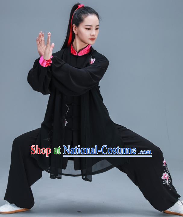 Chinese Traditional Kung Fu Tai Chi Training Embroidered Peony Black Garment Outfits Martial Arts Stage Show Costumes for Women