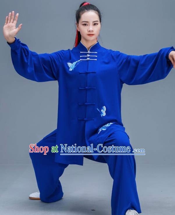 Chinese Traditional Kung Fu Tai Chi Training Embroidered Peony Royalblue Garment Outfits Martial Arts Stage Show Costumes for Women