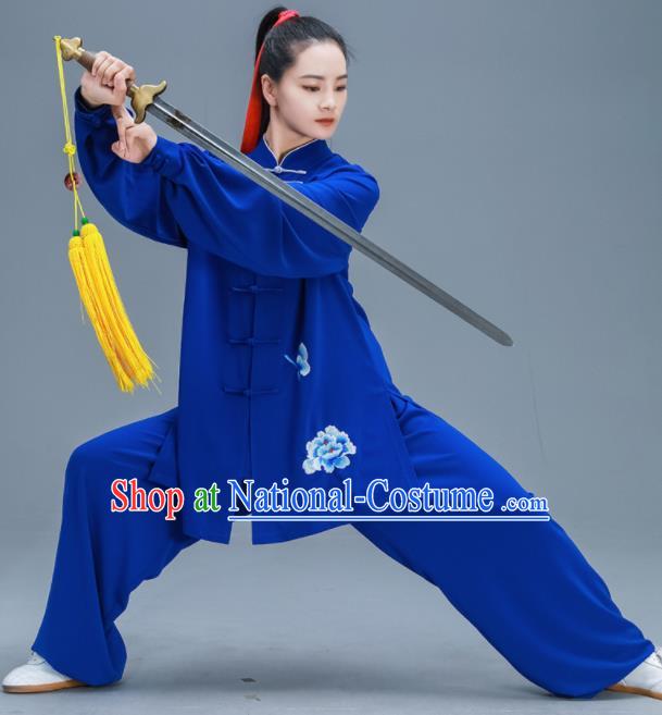 Chinese Traditional Kung Fu Tai Chi Training Embroidered Peony Royalblue Garment Outfits Martial Arts Stage Show Costumes for Women