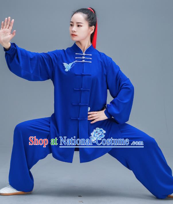 Chinese Traditional Kung Fu Tai Chi Training Embroidered Peony Royalblue Garment Outfits Martial Arts Stage Show Costumes for Women